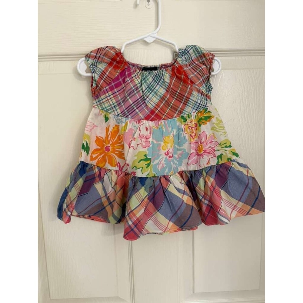 Ralph Lauren Baby Girls Dress 9M Patchwork Plaid Floral Tiered Multicolor